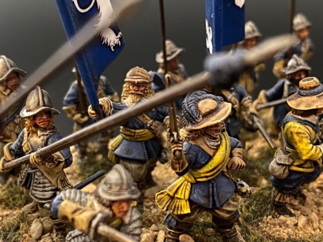 Swedish blue company pikes 5 close up 28mm figures, swedish blue company with pikes and banners.