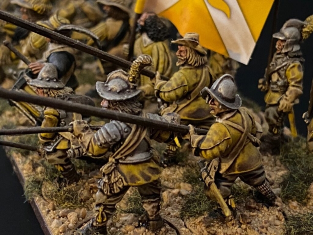Swedish yellow pikes 10 close up of Swedish yellow company 28mm historical miniatures with banner.