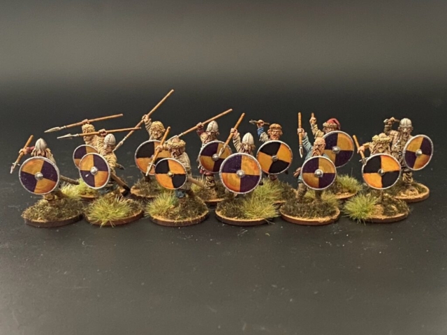 Group shot of 28mm viking figures with shields and spears.